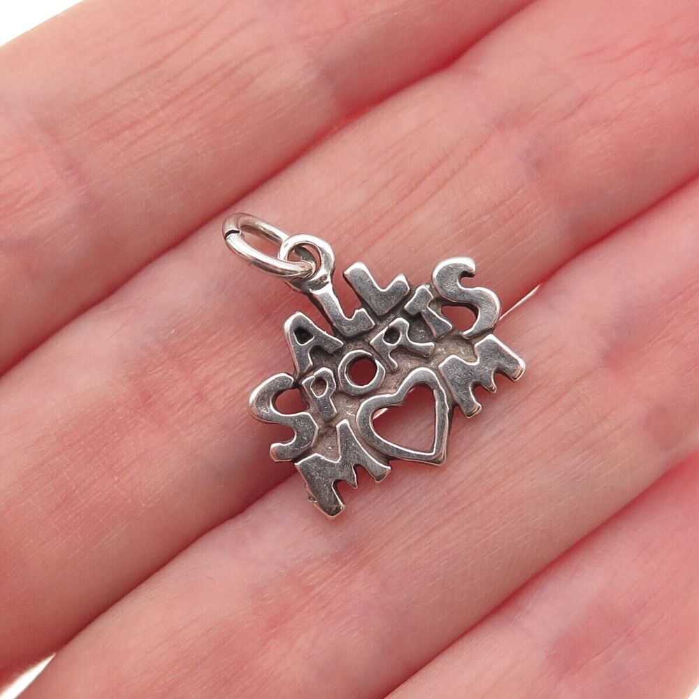 925 Sterling Silver Vintage All Sports Mom Heart Oxidized Mini Charm Pendant
